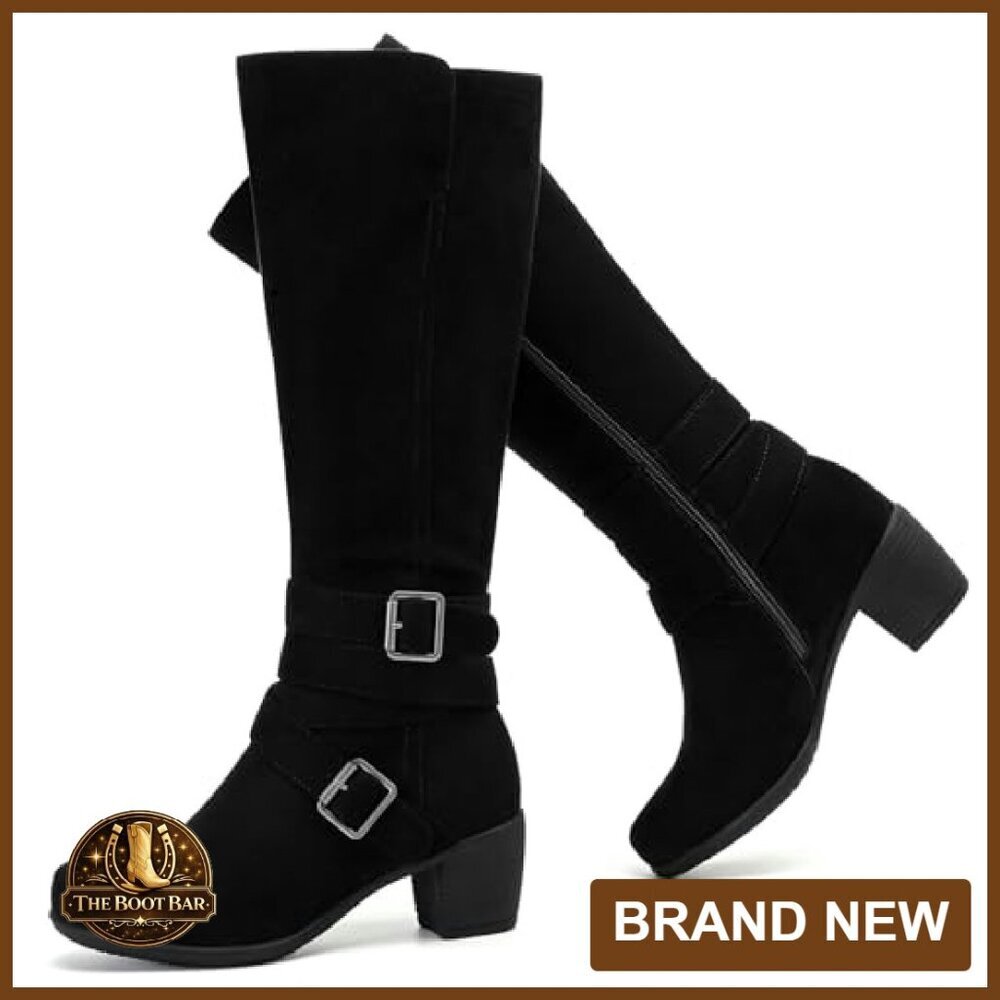 Women's Knee High Boots Chunky Heel Pointed Toe Leather Lining Comfortable - Picture 2 of 8